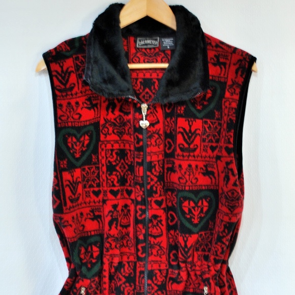 Obermeyer German Print Fleece Zip Vest Red Black - Picture 6 of 6